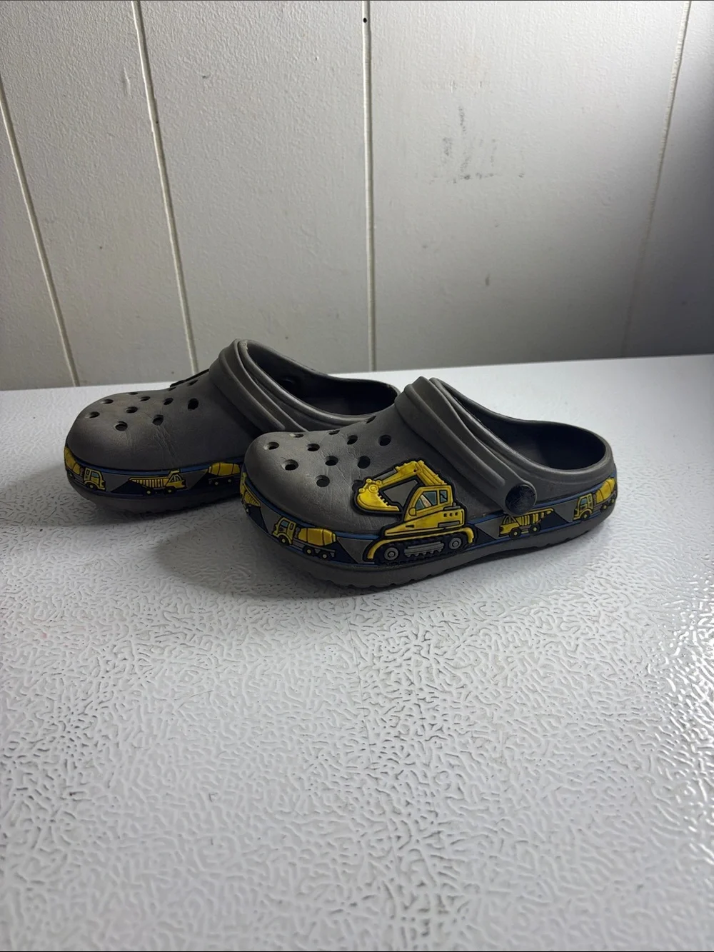 Kids Gray Slip-On Clog with Yellow Construction Design